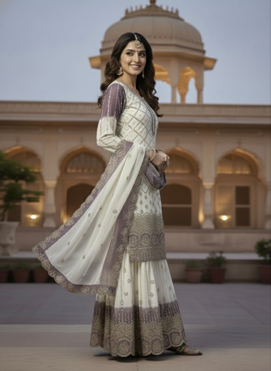 Off-White and Lavender Georgette Palazzo Set, view 3