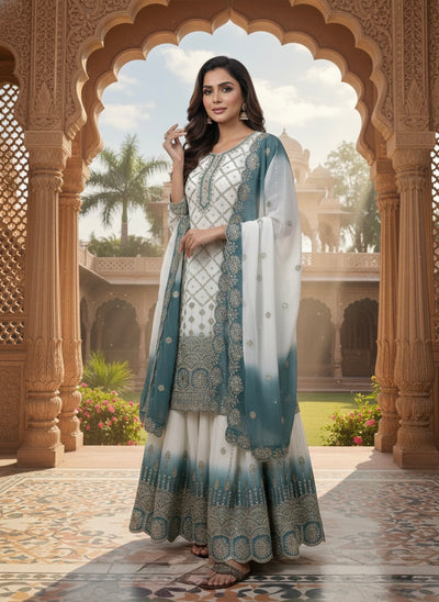 Off-White and Teal Georgette Palazzo Set