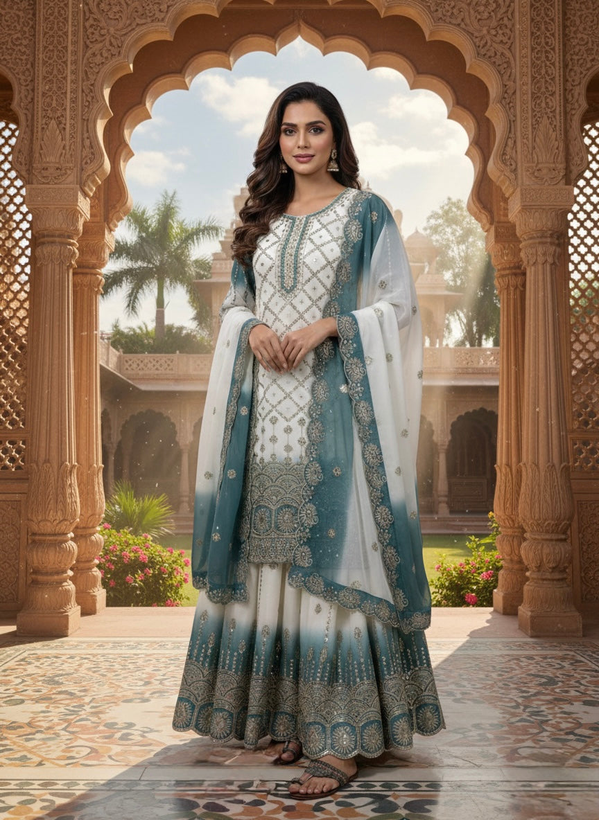 Off-White and Teal Georgette Palazzo Set, view 2