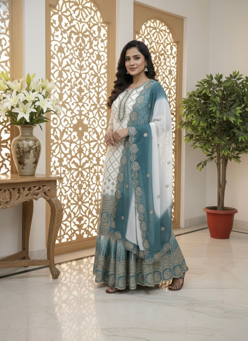 Off-White and Teal Georgette Palazzo Set, view 3