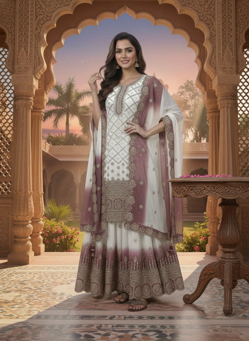 Off-White and Rose Pink Georgette Palazzo Set