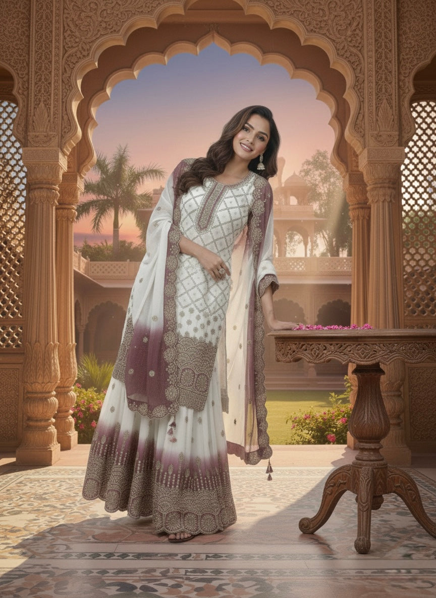 Off-White and Rose Pink Georgette Palazzo Set, view 2