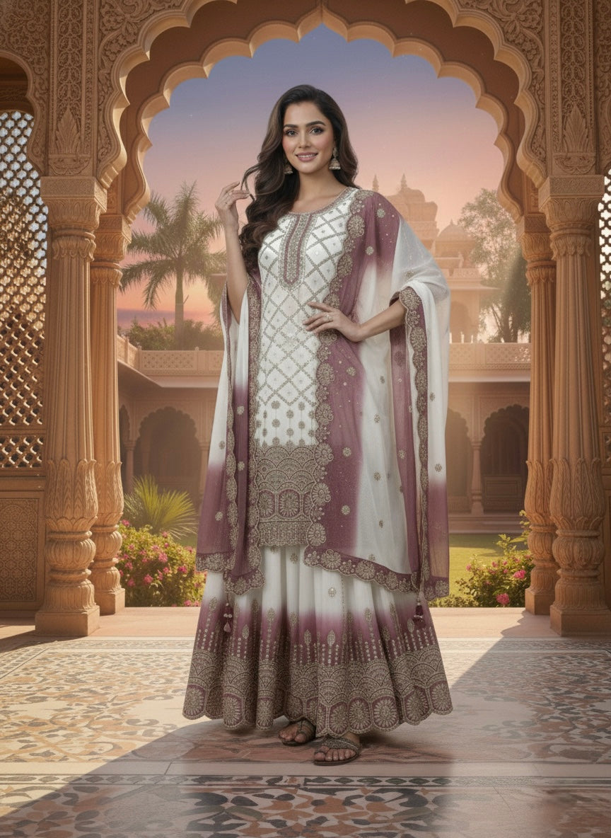 Off-White and Rose Pink Georgette Palazzo Set, view 3