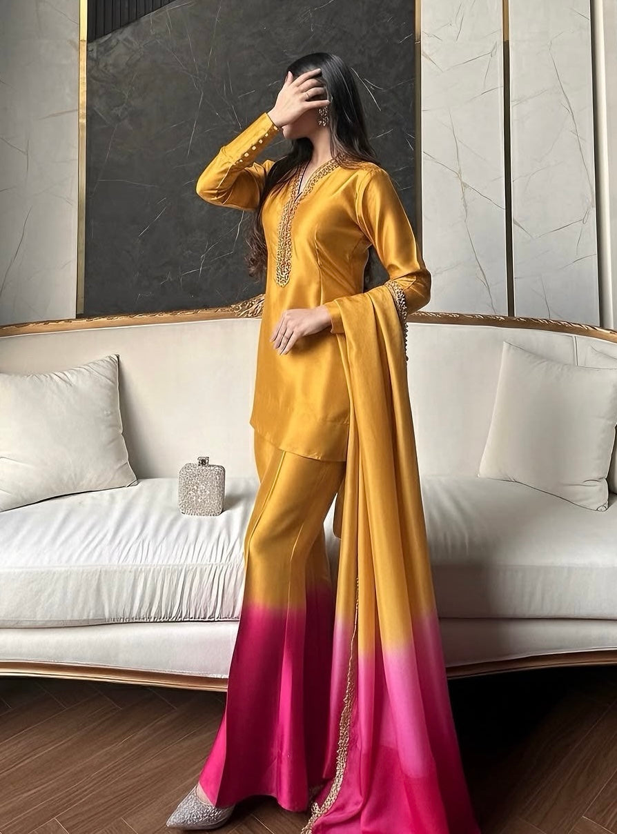 Mustard and Pink Ombre Kurta Palazzo Set, view 2
