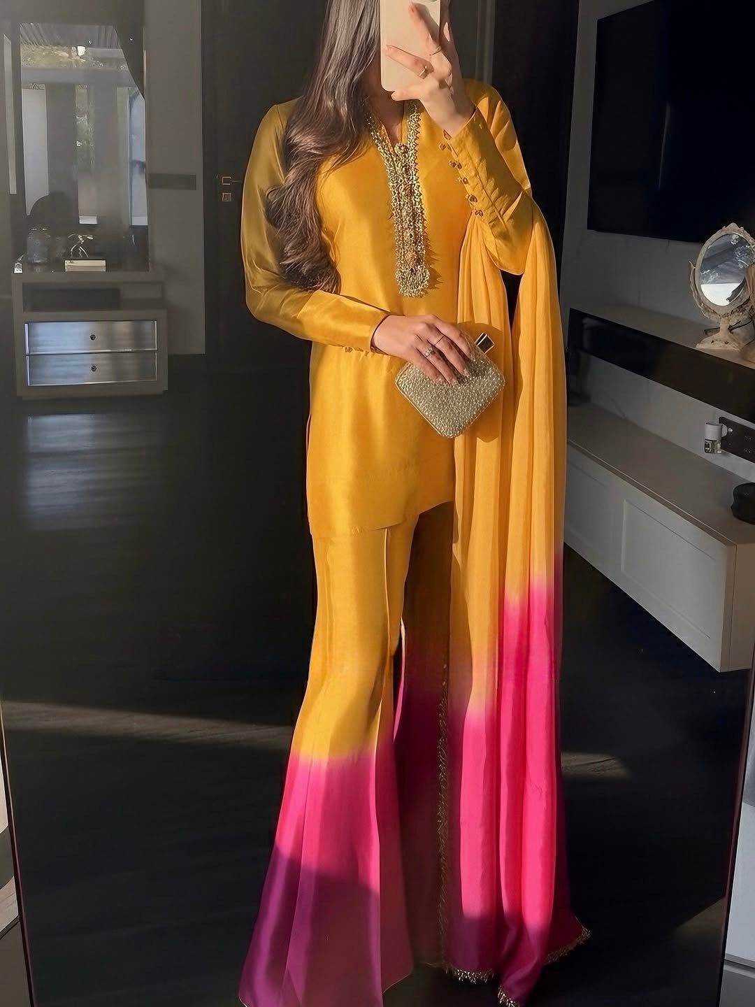 Mustard and Pink Ombre Kurta Palazzo Set, view 3
