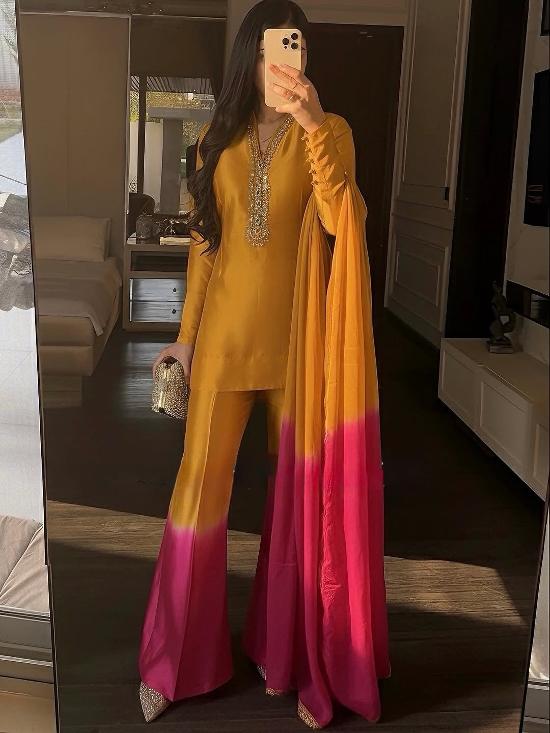 Mustard and Pink Ombre Kurta Palazzo Set, view 4