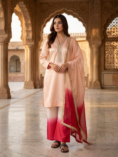 Off-White and Red Ombre Kurta Palazzo Set