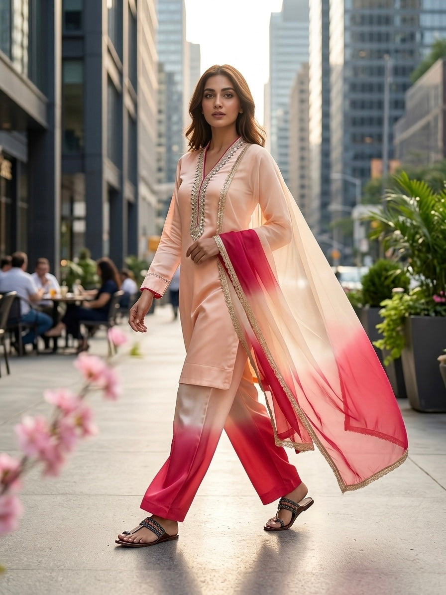 Off-White and Red Ombre Kurta Palazzo Set, view 2