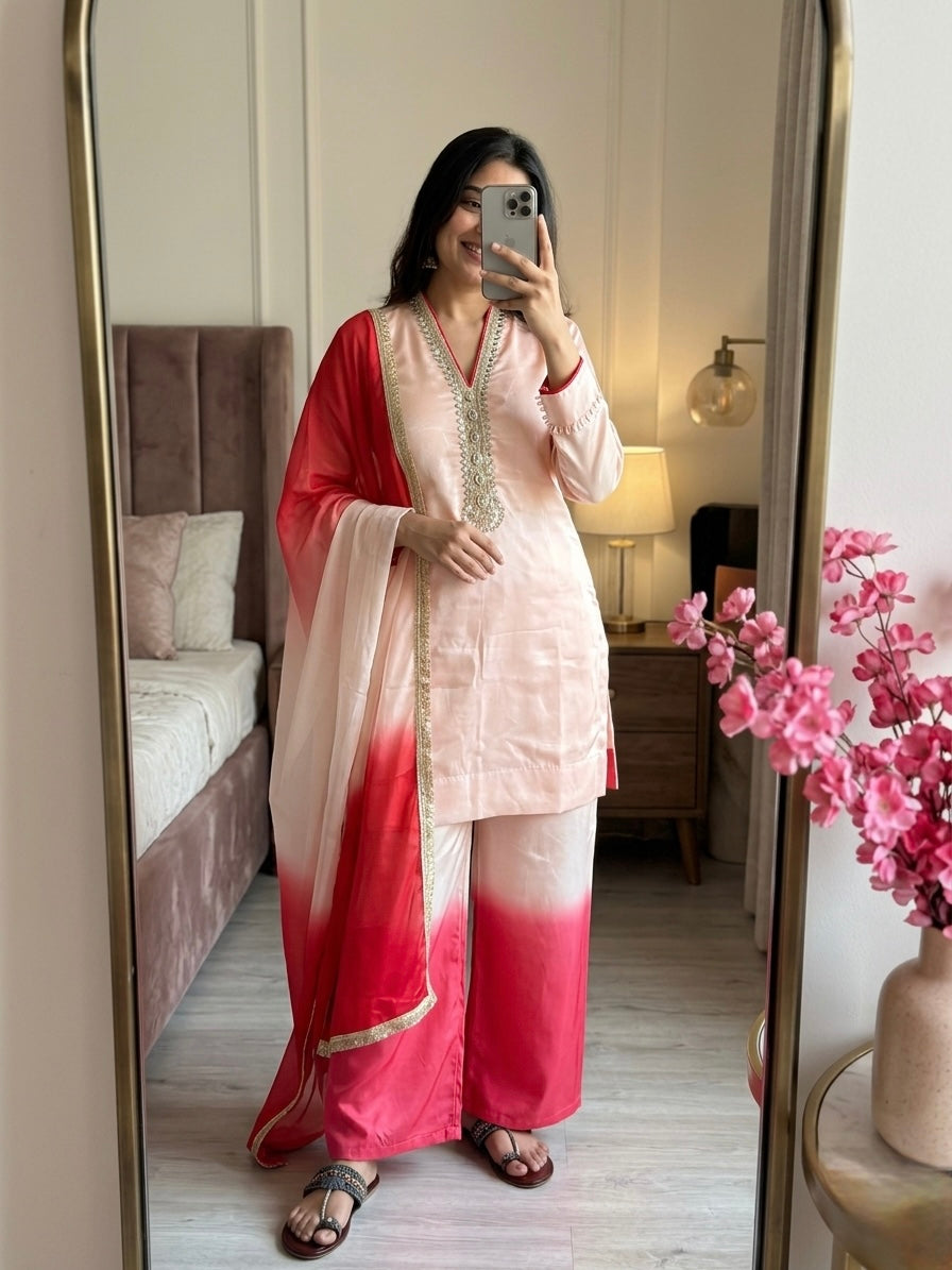 Off-White and Red Ombre Kurta Palazzo Set, view 3