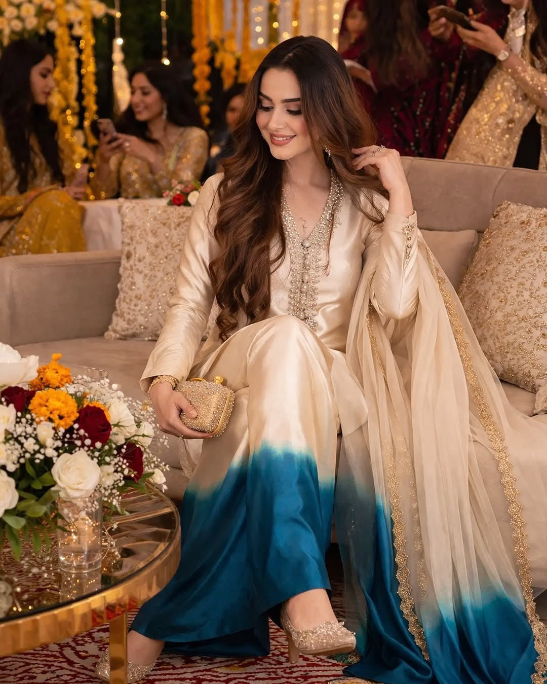 Off-White and Blue Ombre Kurta Palazzo Set