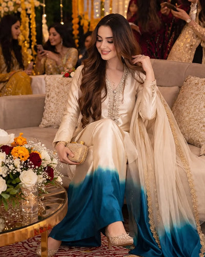 Off-White and Blue Ombre Kurta Palazzo Set