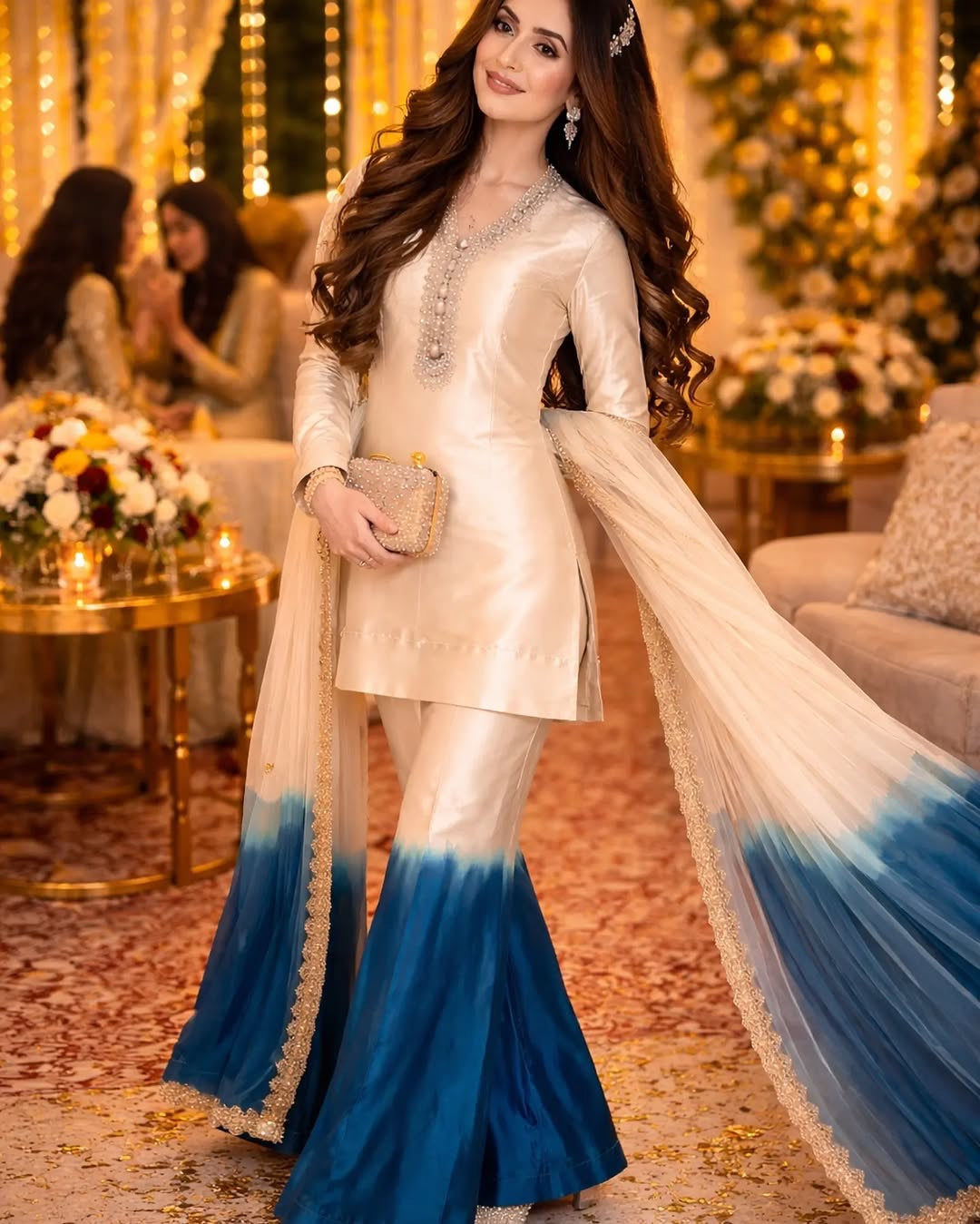 Off-White and Blue Ombre Kurta Palazzo Set, view 2