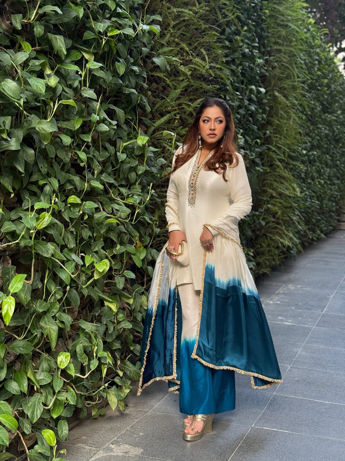 Off-White and Blue Ombre Kurta Palazzo Set, view 4