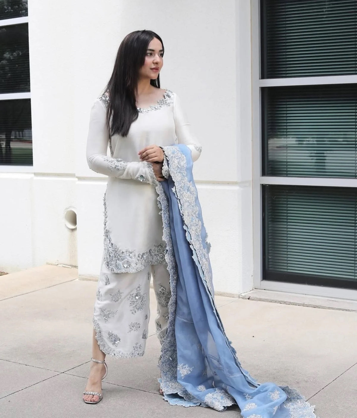 Off-White Roman Silk Kurta Set with Blue Dupatta