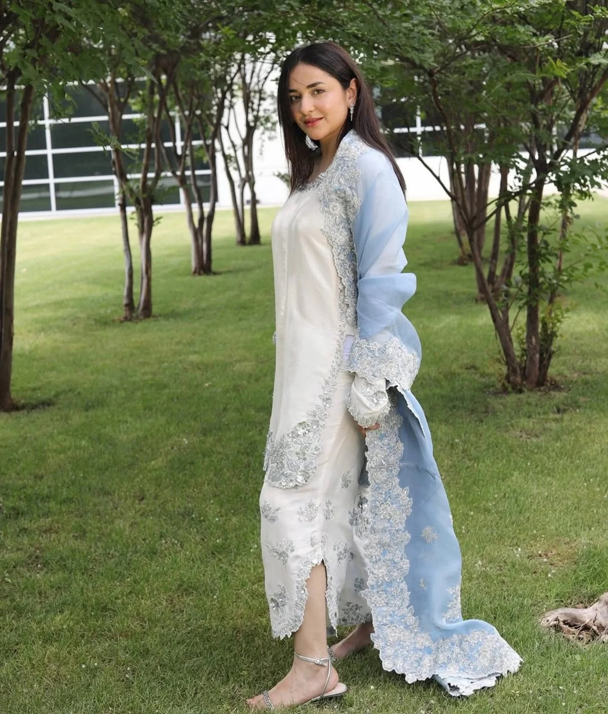 Off-White Roman Silk Kurta Set with Blue Dupatta, view 2