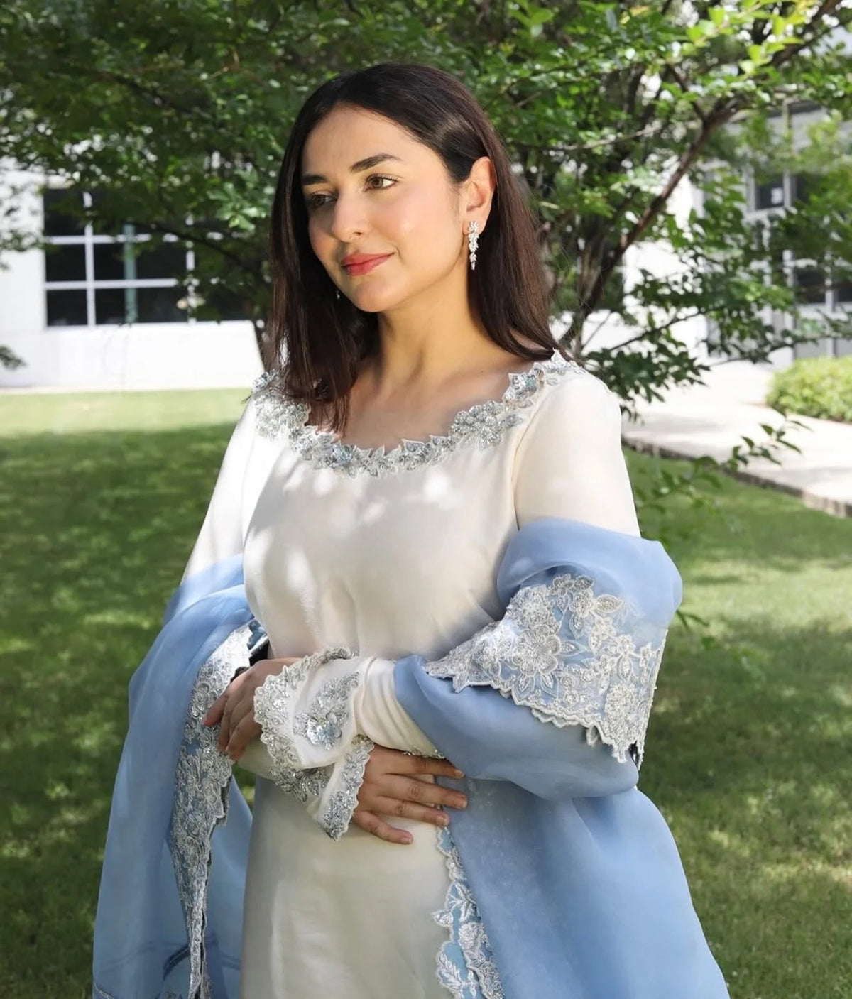 Off-White Roman Silk Kurta Set with Blue Dupatta, view 3