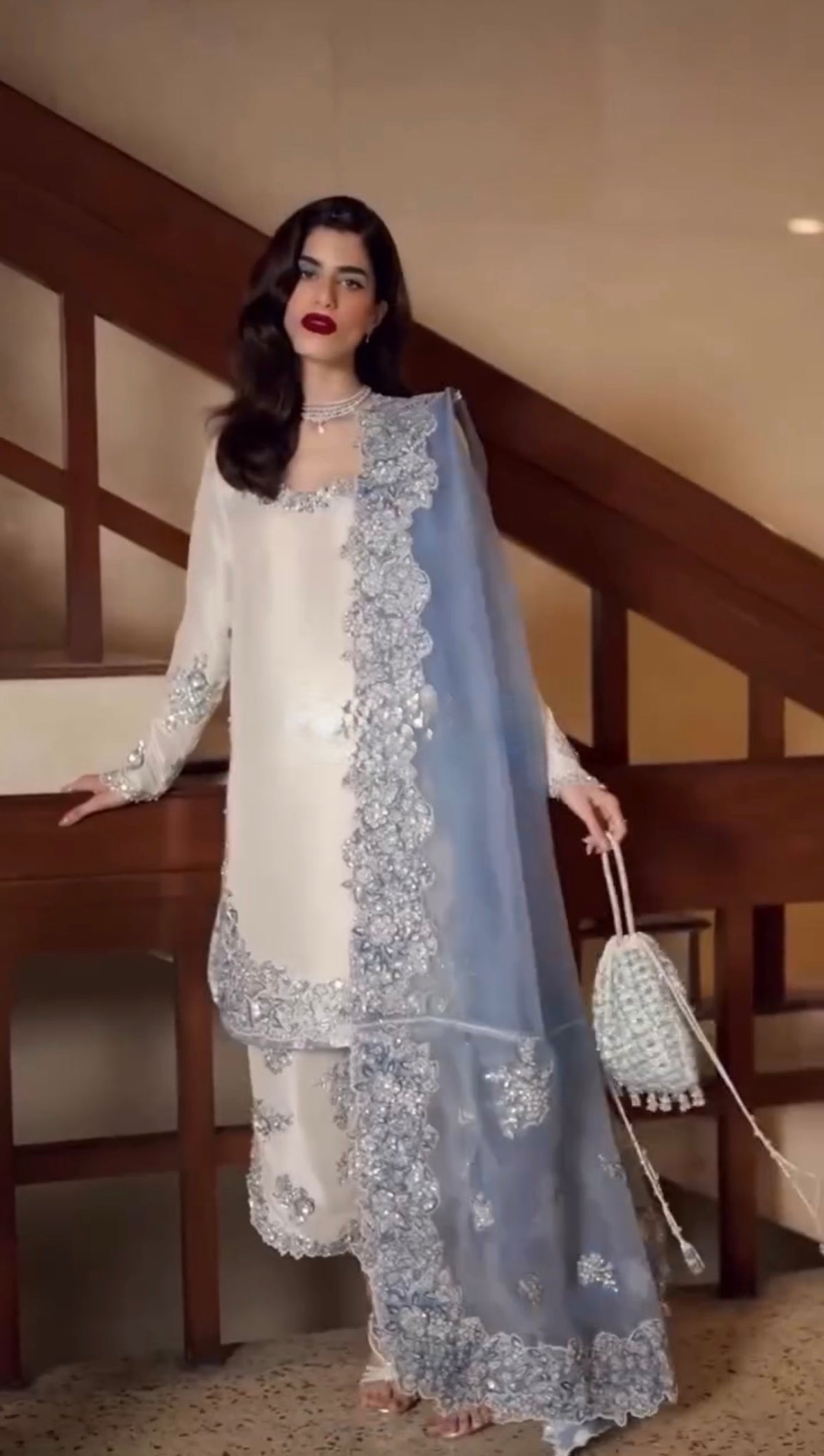 Off-White Roman Silk Kurta Set with Blue Dupatta, view 5