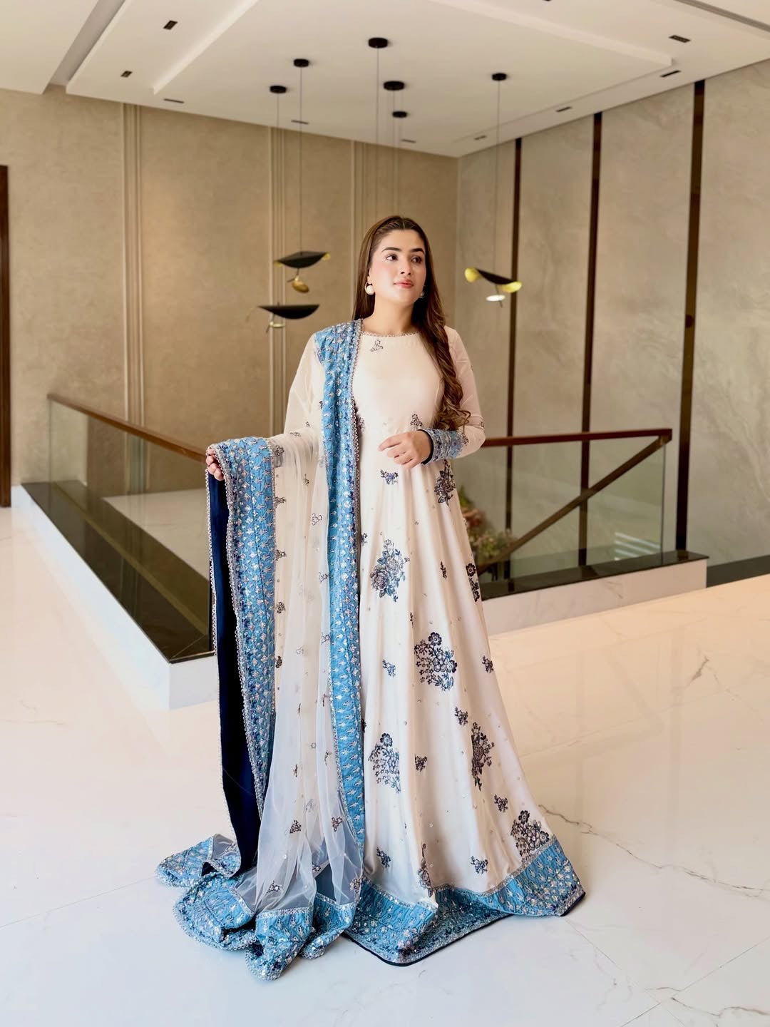 White Georgette Anarkali Suit with Blue Border
