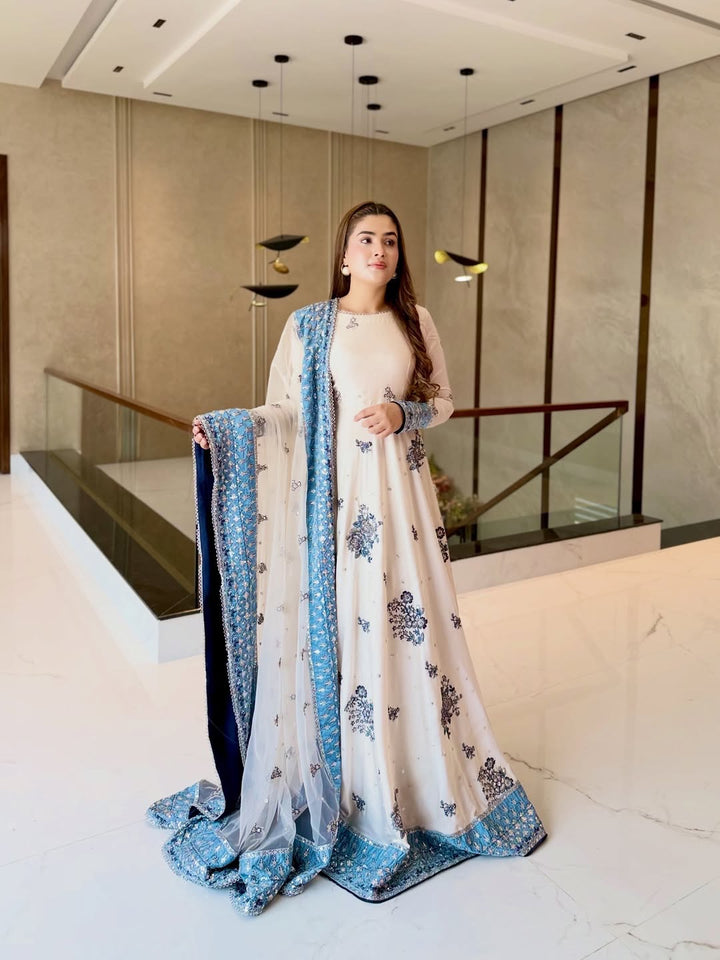 White Georgette Anarkali Suit with Blue Border