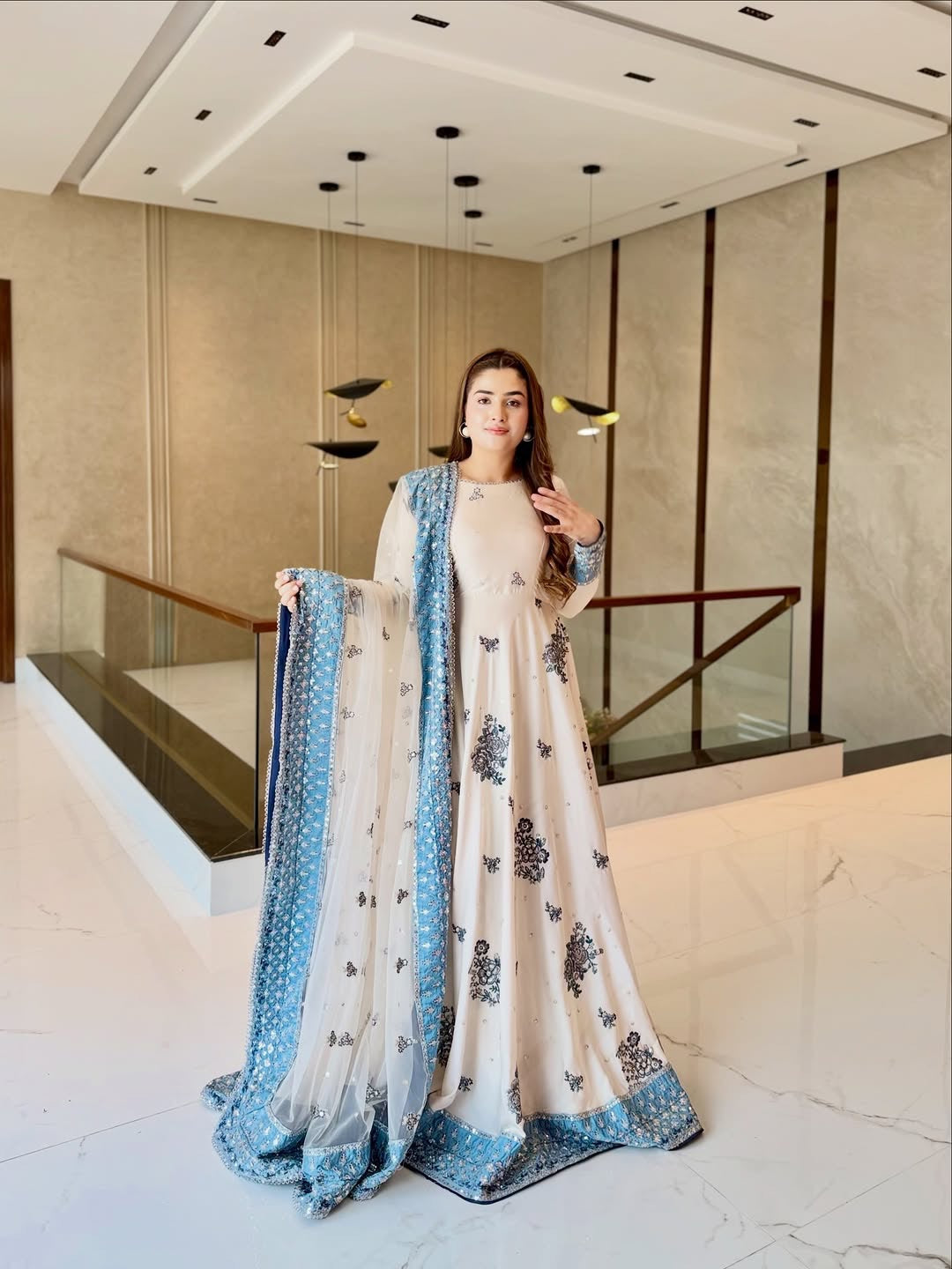White Georgette Anarkali Suit with Blue Border, view 3