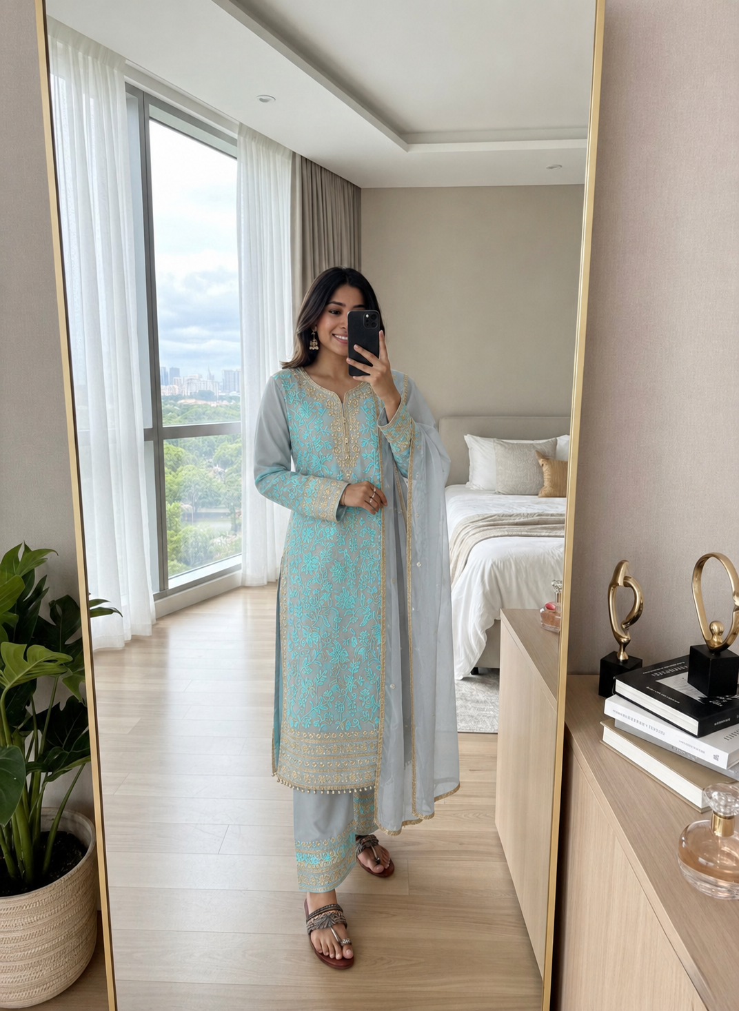 Aqua Blue Georgette Kurta Palazzo Set, view 3