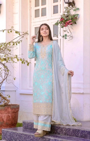 Aqua Blue Georgette Kurta Palazzo Set