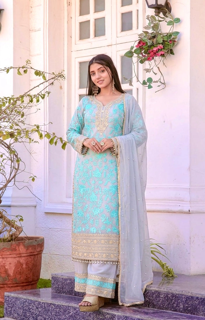 Aqua Blue Georgette Kurta Palazzo Set, view 2