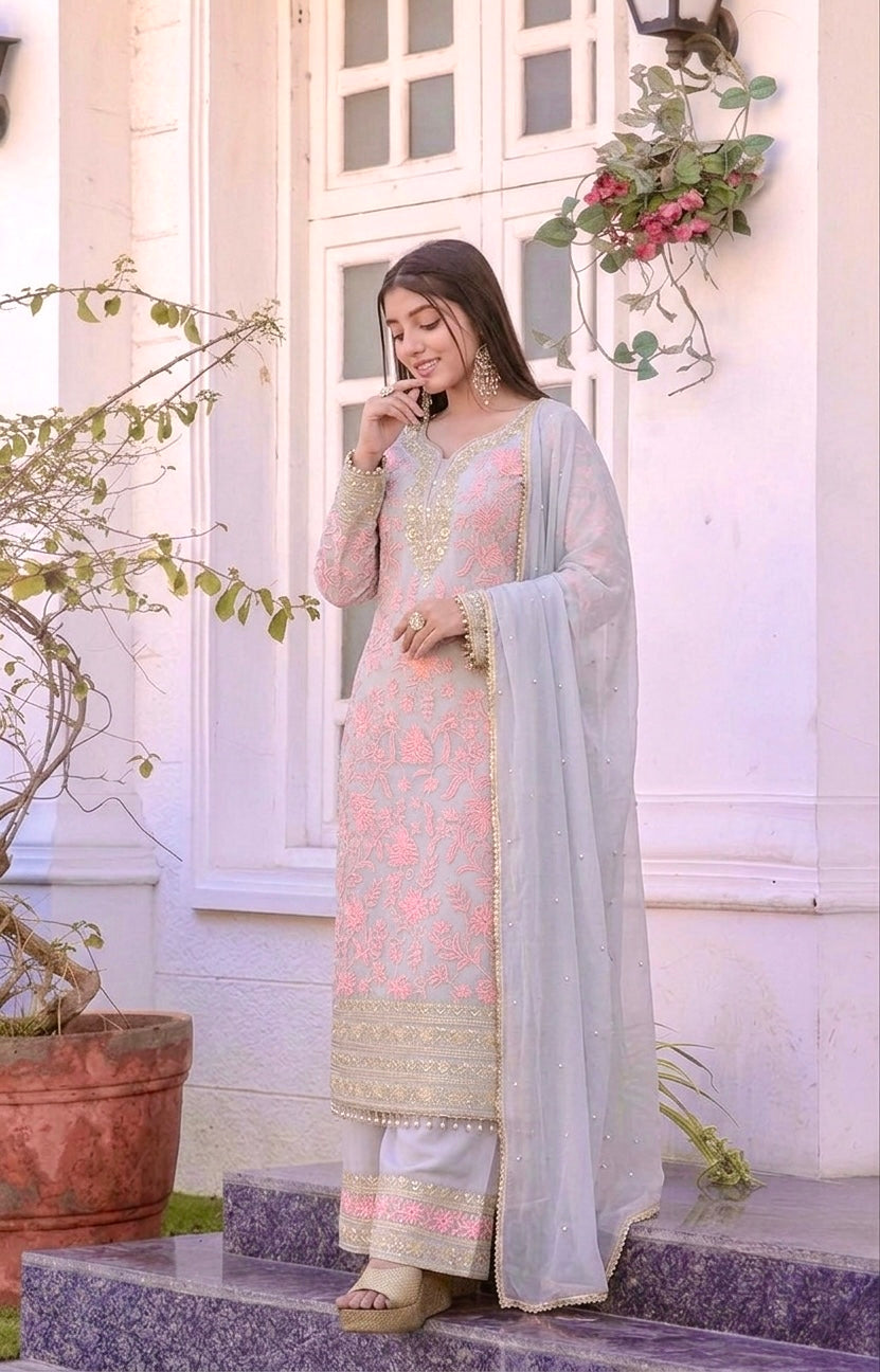 Pink Georgette Kurta Palazzo Set, view 2
