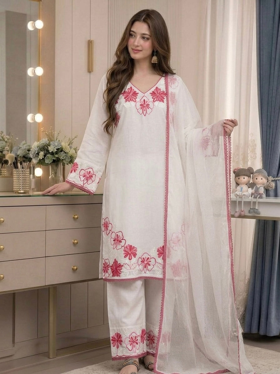 Off-White and Pink Satin Kurta Farshi Set