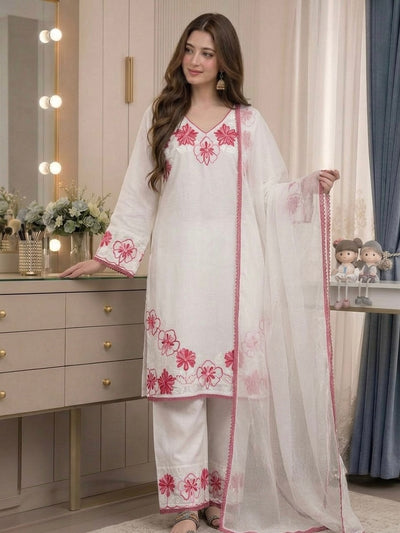 Off-White and Pink Satin Kurta Farshi Set