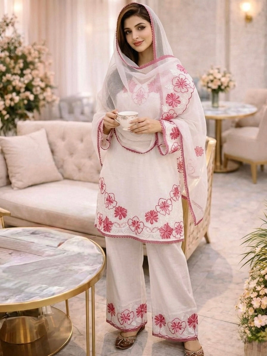 Off-White and Pink Satin Kurta Farshi Set, view 2