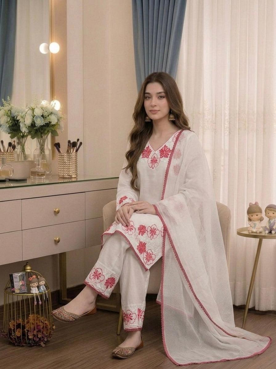Off-White and Pink Satin Kurta Farshi Set, view 3