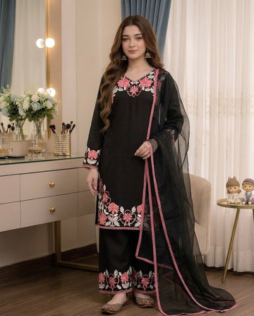 Black and Pink Satin Kurta Farshi Set