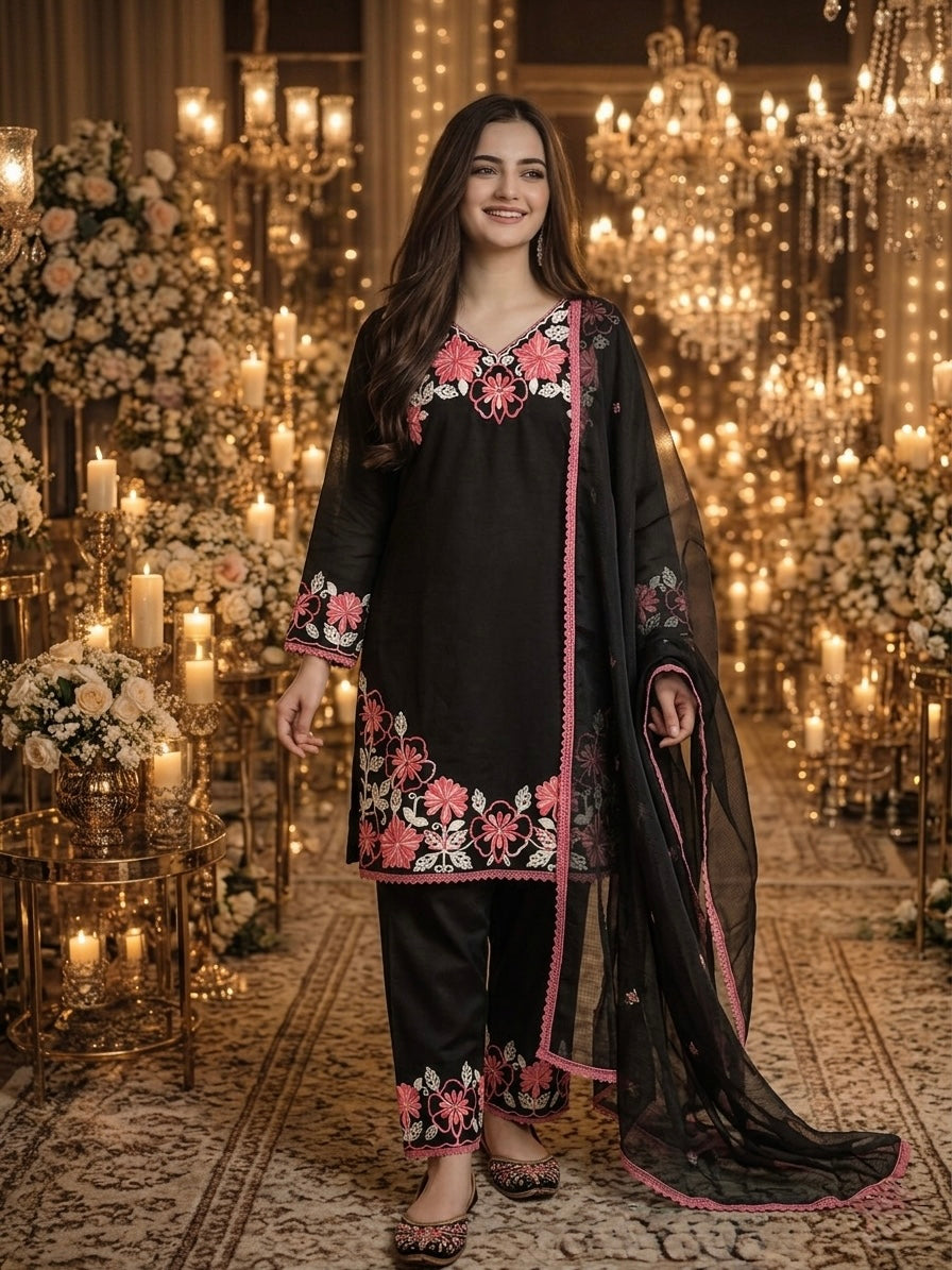 Black and Pink Satin Kurta Farshi Set, view 2