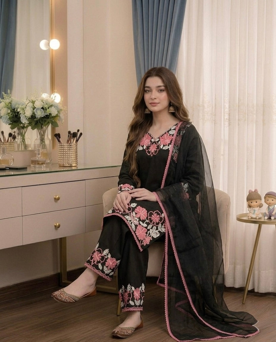 Black and Pink Satin Kurta Farshi Set, view 3