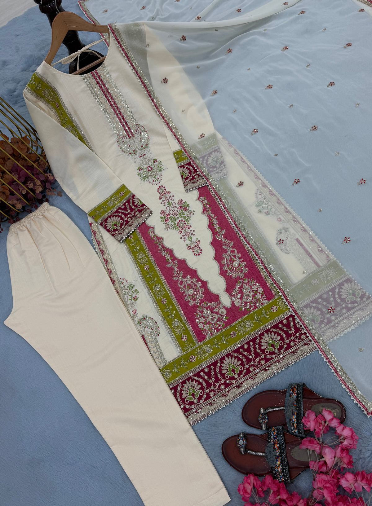 Cream Roman Silk Kurta Pant Set with Dupatta, view 5