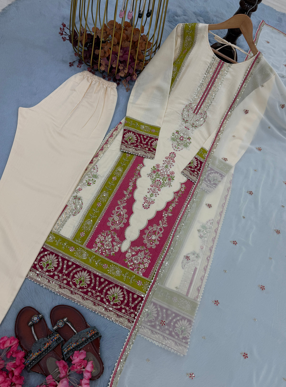 Cream Roman Silk Kurta Pant Set with Dupatta, view 6