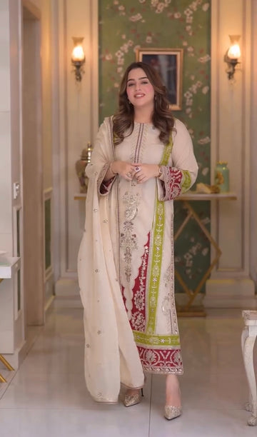Cream Roman Silk Kurta Pant Set with Dupatta