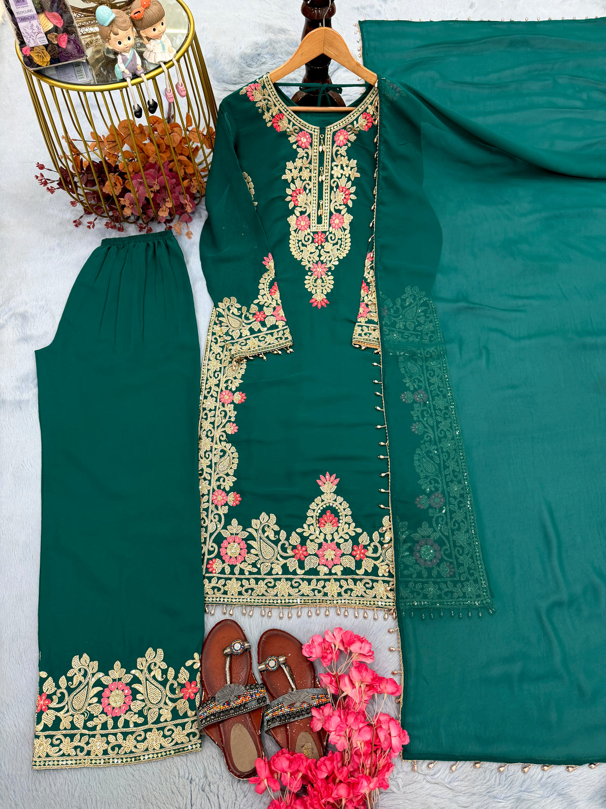 Bottle Green Georgette Kurta Palazzo Set, view 5