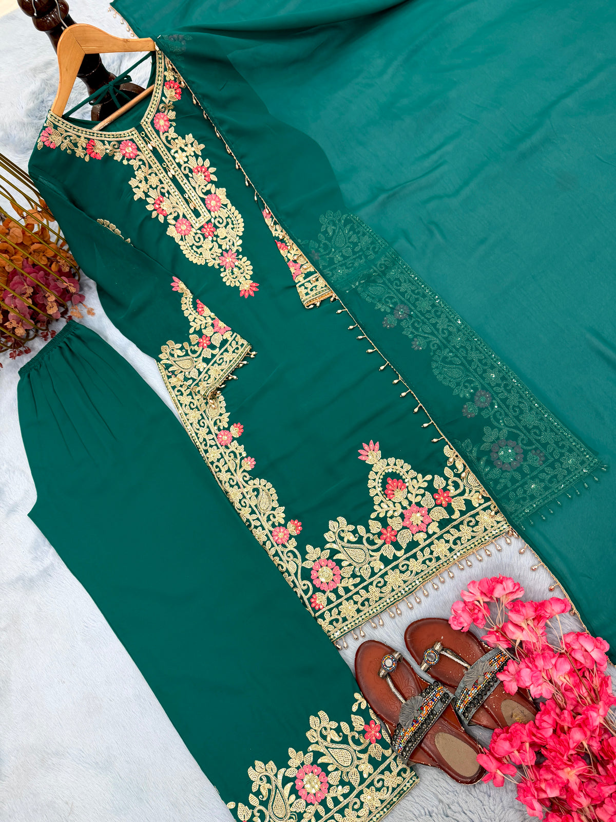 Bottle Green Georgette Kurta Palazzo Set, view 6