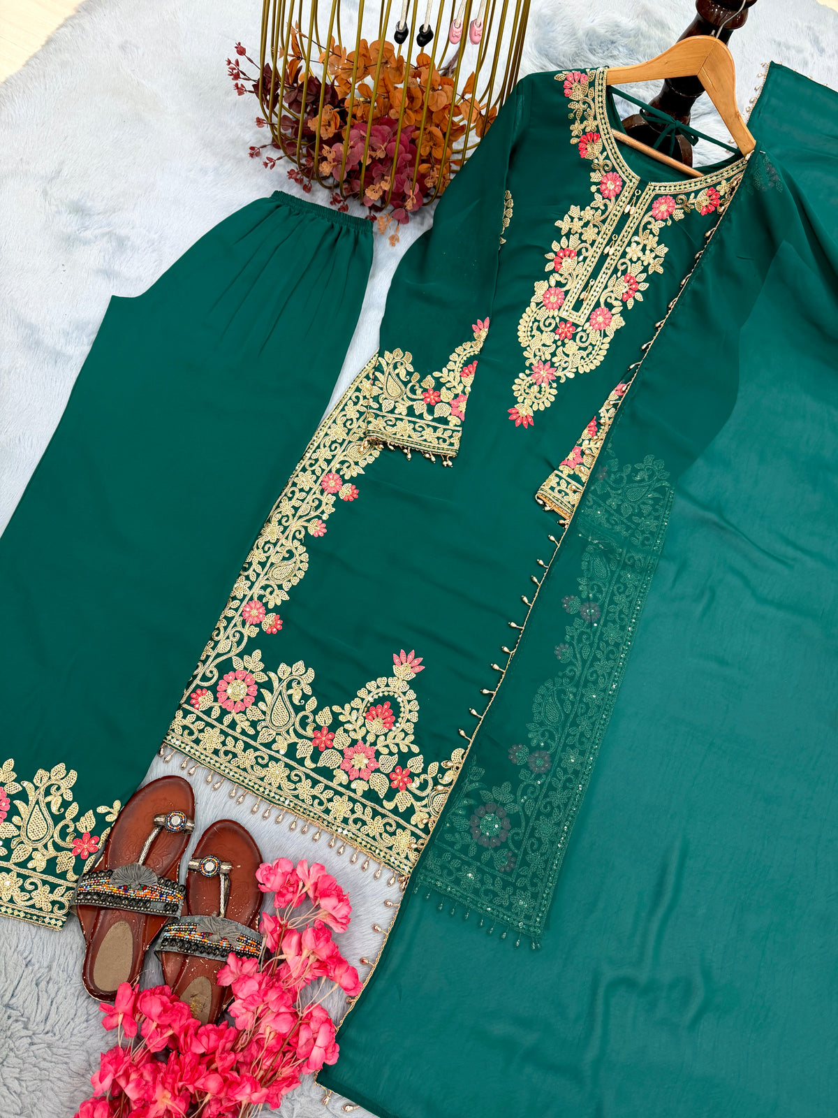 Bottle Green Georgette Kurta Palazzo Set, view 7
