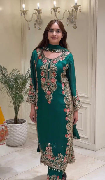 Bottle Green Georgette Kurta Palazzo Set