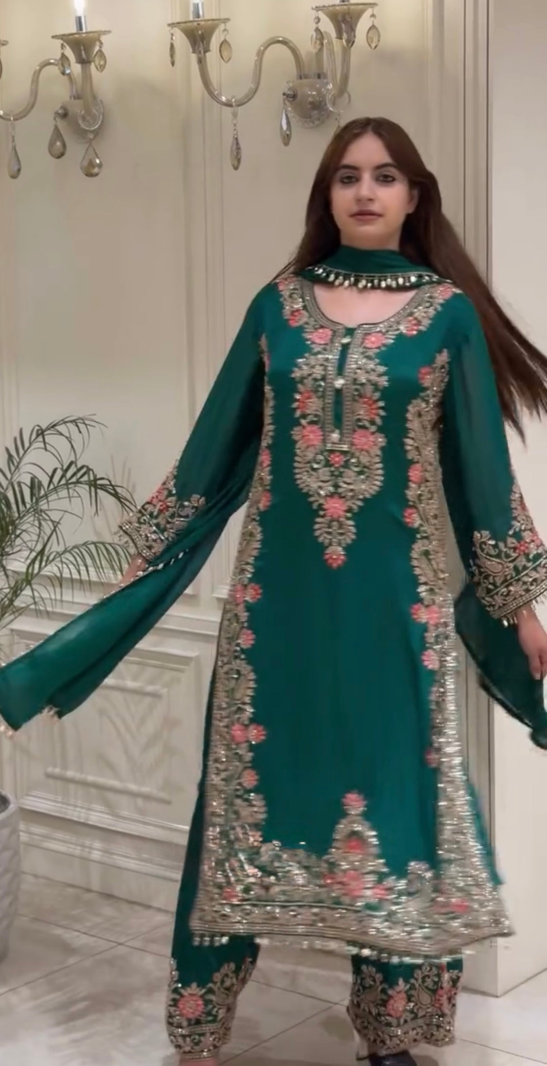 Bottle Green Georgette Kurta Palazzo Set, view 2