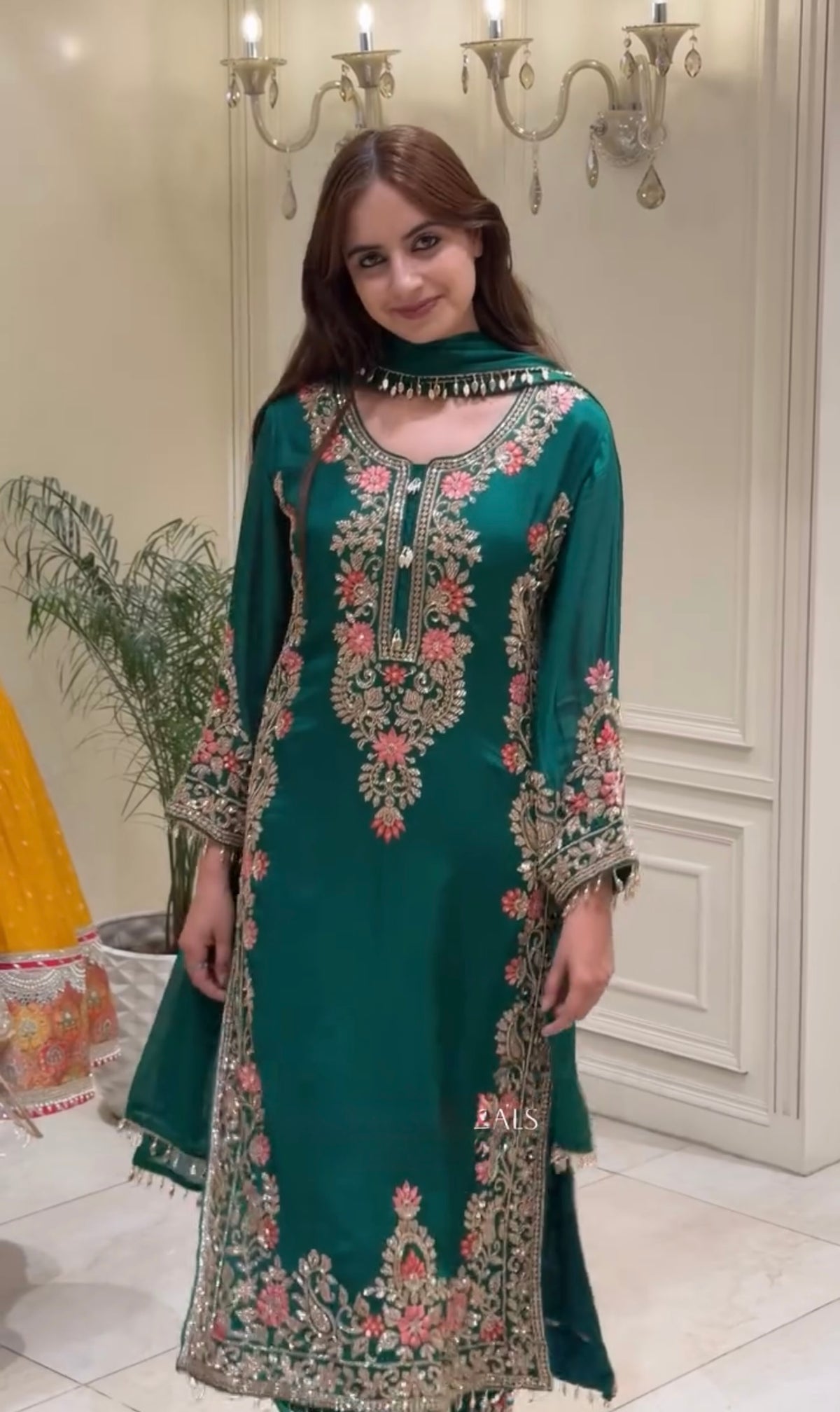 Bottle Green Georgette Kurta Palazzo Set, view 3