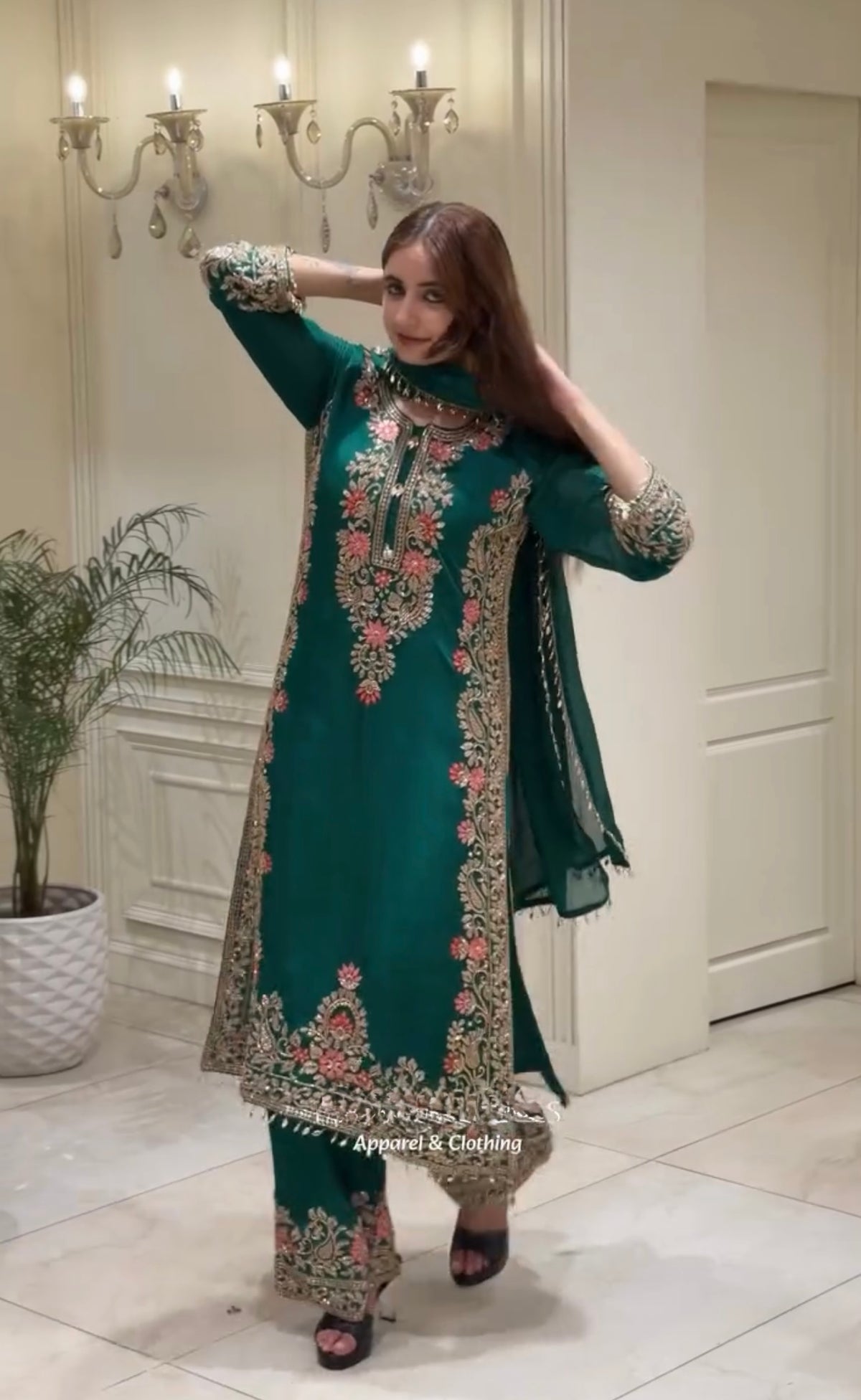 Bottle Green Georgette Kurta Palazzo Set, view 4