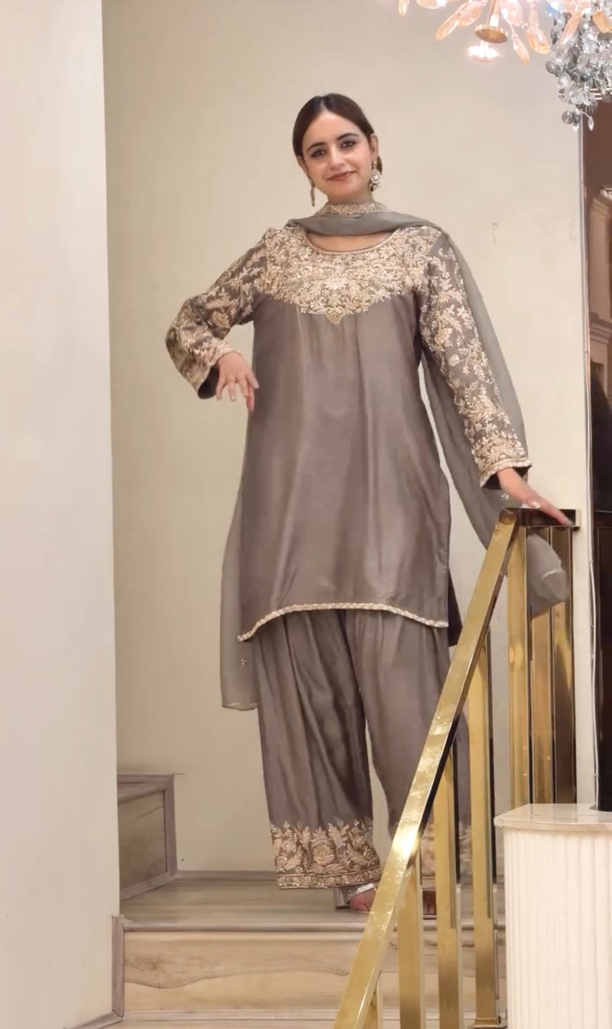 Taupe Chinon Silk Kurta Farshi Palazzo Set