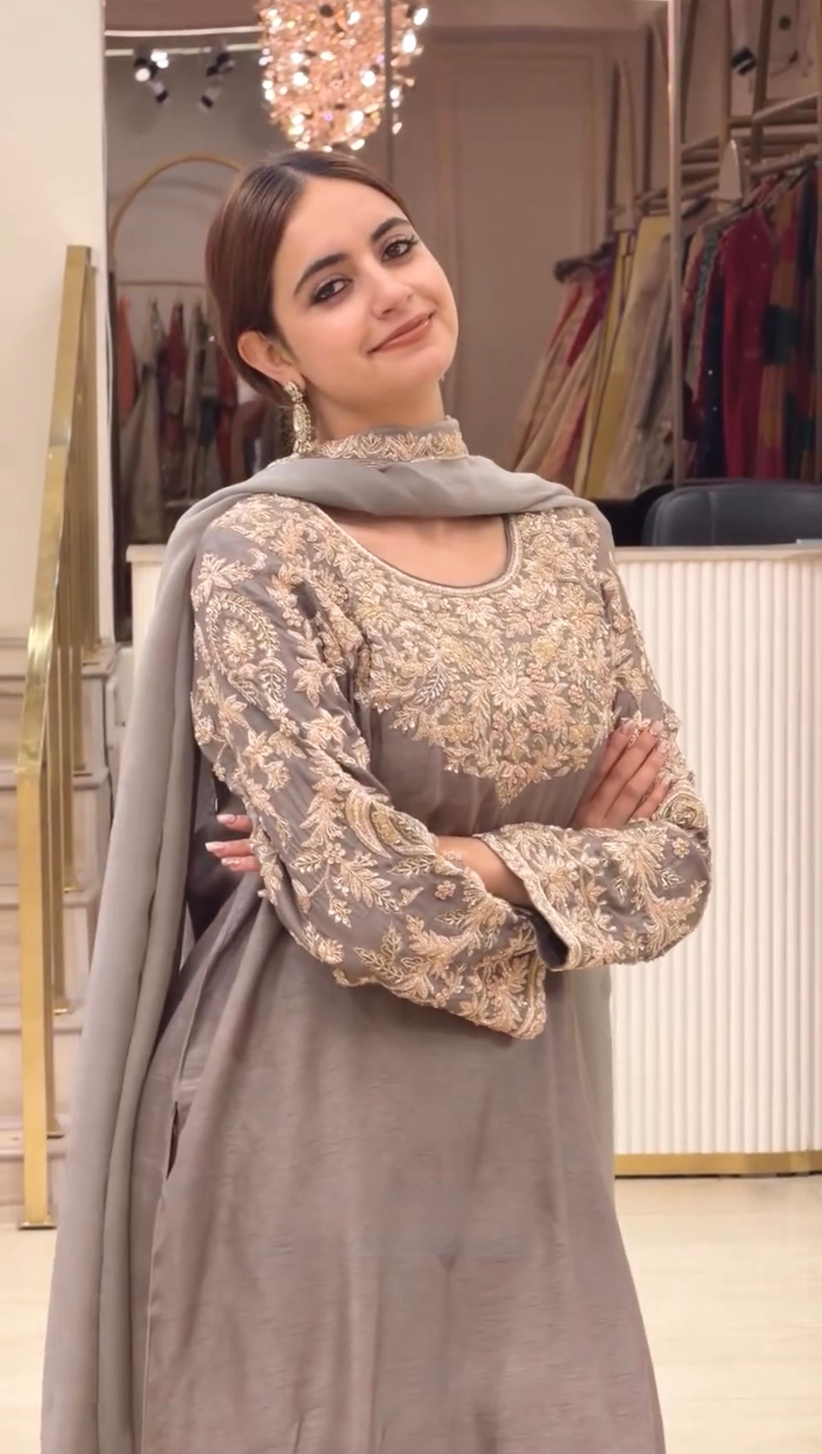 Taupe Chinon Silk Kurta Farshi Palazzo Set, view 3