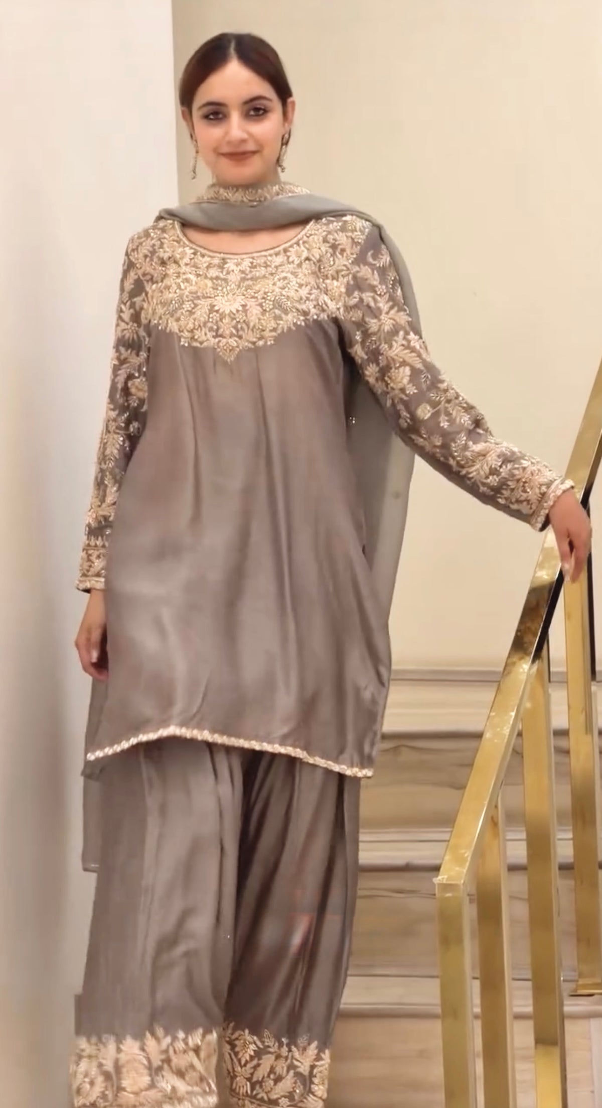Taupe Chinon Silk Kurta Farshi Palazzo Set, view 4