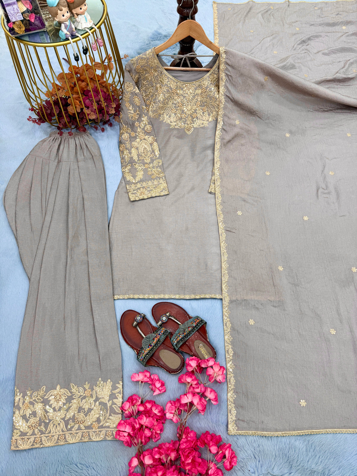 Taupe Chinon Silk Kurta Farshi Palazzo Set, view 5