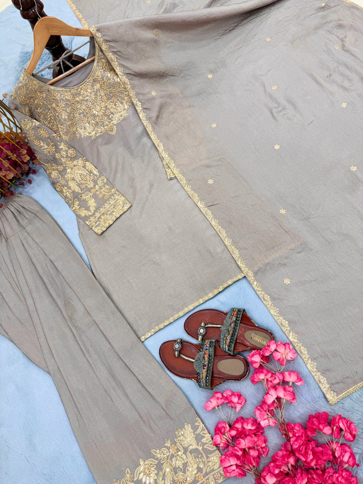 Taupe Chinon Silk Kurta Farshi Palazzo Set, view 6